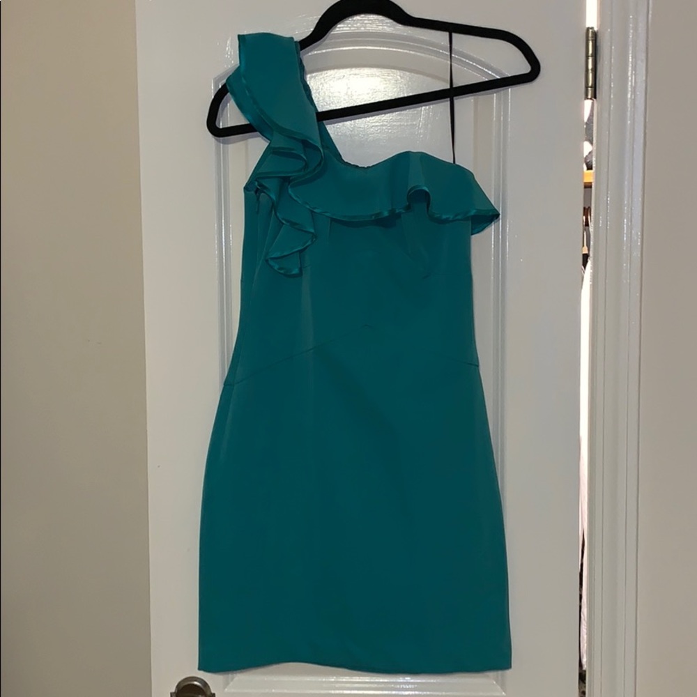 BLACK HALO teal short dress with ruffle 1 shoulder